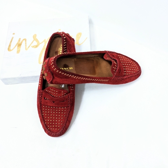 Coach Shoes - COACH Nixie Calfskin Suede Stud Driving Shoe Red 8